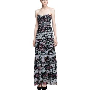 BCBGMAXAZRIA ERIKA SWEETHEART STRAPLESS TIERED FLORAL MESH MAXI GOWN DRESS